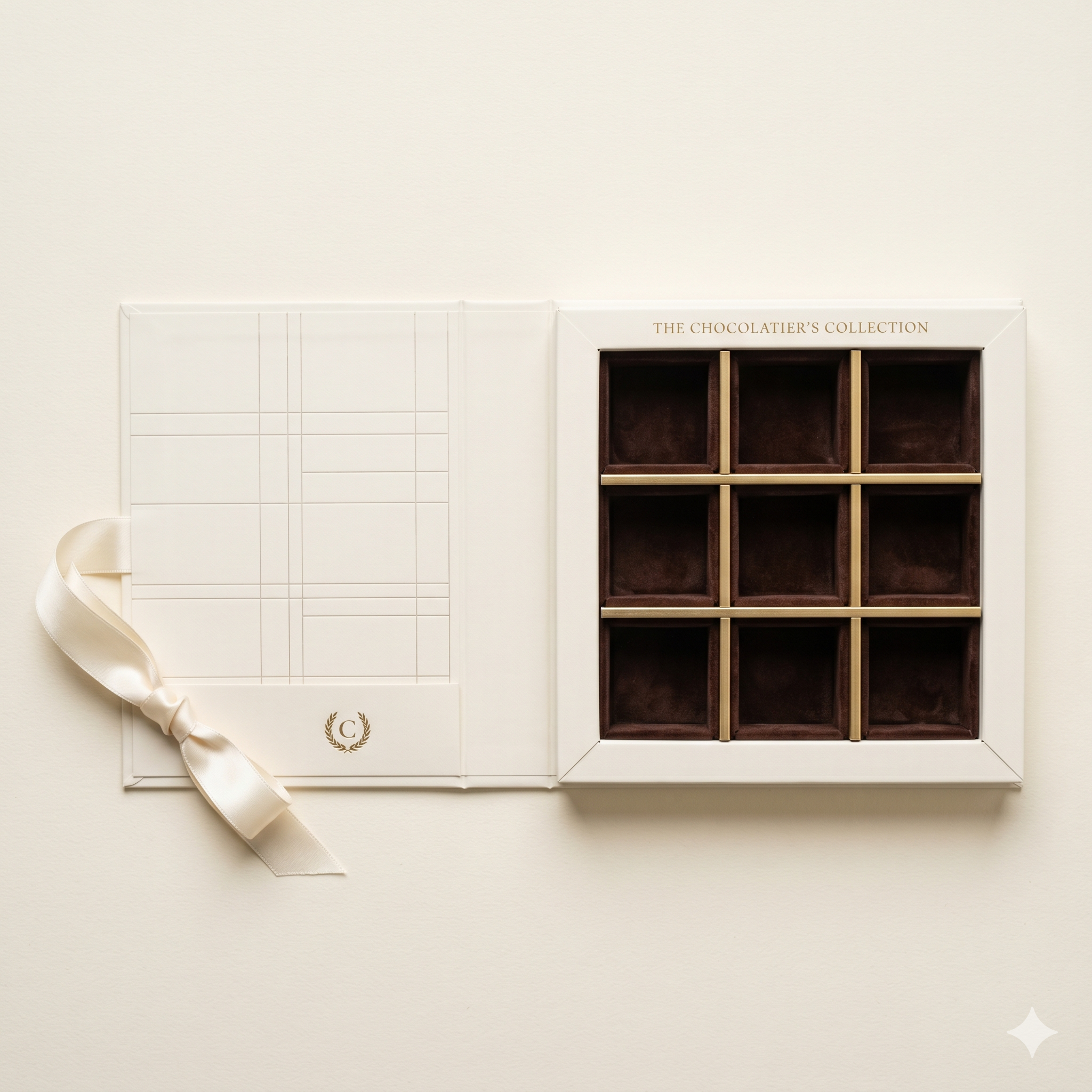 Custom rigid chocolate gift box with ribbon closure and compartment inserts — Luxe Box