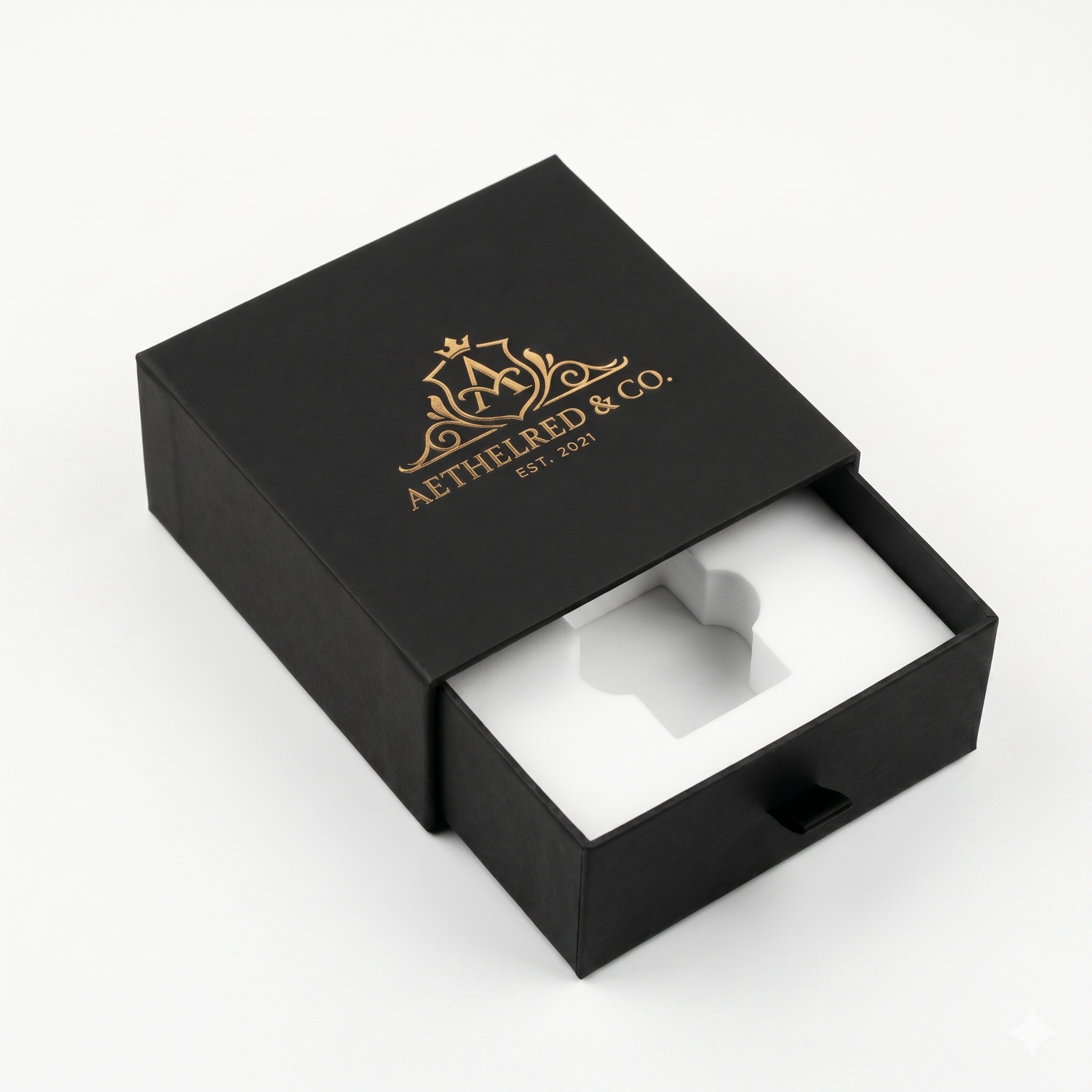 Custom rigid drawer box with soft touch matte finish and embossed logo — luxury gift packaging
